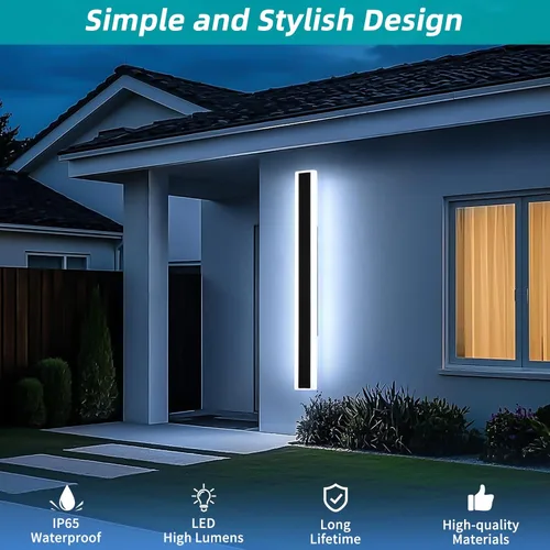 Miniatura 77 de Luz de pared exterior moderna de 47 pulgadas, accesorios de iluminación exterior de acrílico negro de 3000K, montaje en pared, luces de porche