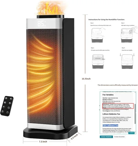 Miniatura 9 de Calentadores de espacio para uso en interiores, calentador de espacio portátil con humidificador/luz ambiental, calentadores eléctricos seguros