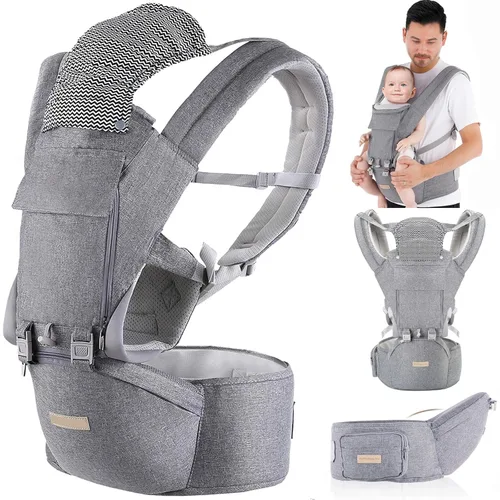 Portabebés Recién Nacido a Niño: 9 en 1 Portabebés Convertible Ergonómico Portabebés Para Todas Las Temporadas, Posiciones M, Correa Ajustable Gris