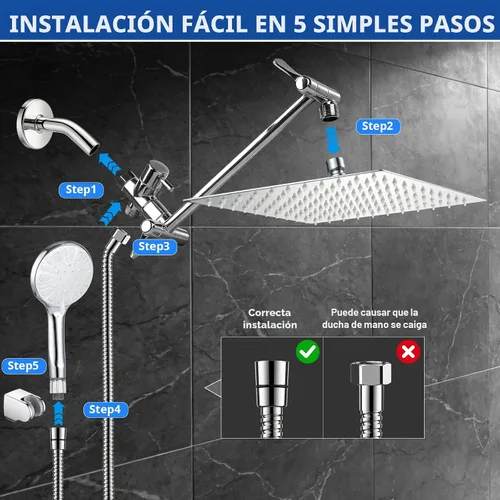 Miniatura 6 de Cabezal de ducha de mano de alta presión de 10 pulgadas con brazo de extensión de 11 pulgadas, 9 ajustes ajustables antifugas con soporte/manguera