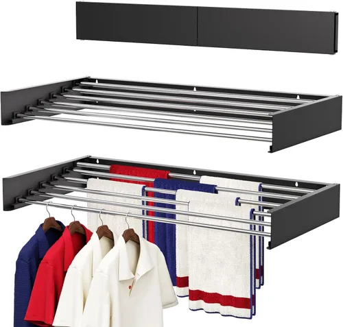 Miniatura 9 de Estante de secado montado en la pared de 31.5", estante de secado de ropa plegable con varillas de acero inoxidable, estante de secado retráctil