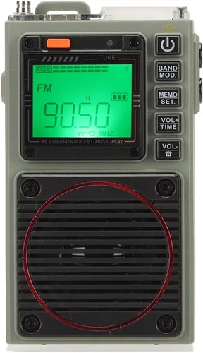 Radio de banda completa portátil FM/VHF/AM/SW/WB receptor con Bluetooth 5.0, estéreo de bajos, alarma SOS, reproducción de tarjetas y linterna, retro