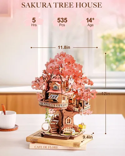 Miniatura 6 de Rolife Kits de casa en miniatura para bricolaje, casa de árbol Sakura, rompecabezas de madera 3D de 12 pulgadas para adultos, modelo de flor