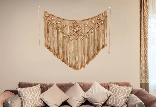 Miniatura 5 de Youngeast Decoración para el hogar, macramé en forma de hoja, tapiz tejido para colgar en la pared, cortina de dormitorio, guirnalda de flecos