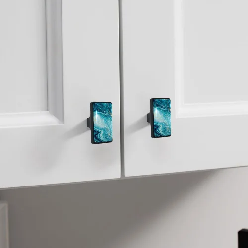 Miniatura 5 de LORVIES Paquete de 4 pomos decorativos de mármol de 1.65 pulgadas para gabinete, vidrio ABS corto rectangular negro, manijas de puerta de cajón