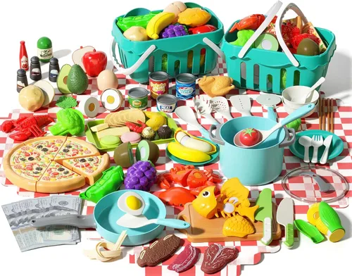 Miniatura 11 de Juego de 90 accesorios de cocina, cocina de simulación con ollas, sartenes, utensilios de cocina, alimentos, frutas, verduras, cestas de Rosa