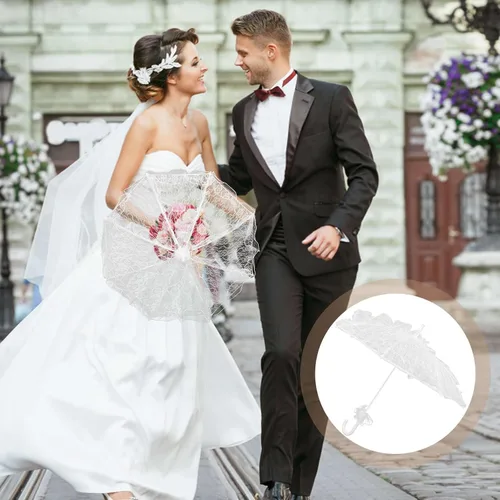 Miniatura 7 de Amosfun Paraguas de encaje blanco vintage para boda, paraguas de novia hecho a mano con flores bordadas para novia, foto nupcial, disfraz de dama