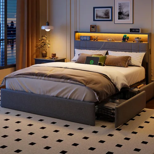 Forestell Base de cama Queen con 4 cajones y cabecera de almacenamiento, base de cama tapizada gris tamaño Queen con estación de carga y luces LED,