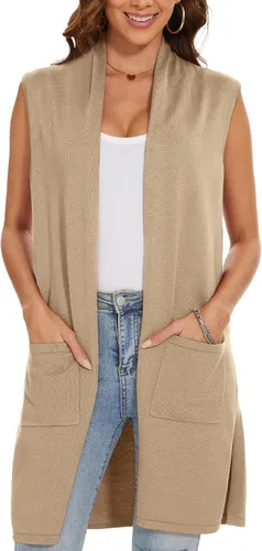 Miniatura 2 de Chaleco de punto largo para mujer, sin mangas, con bolsillos, frente abierto, drapeado, chaleco casual