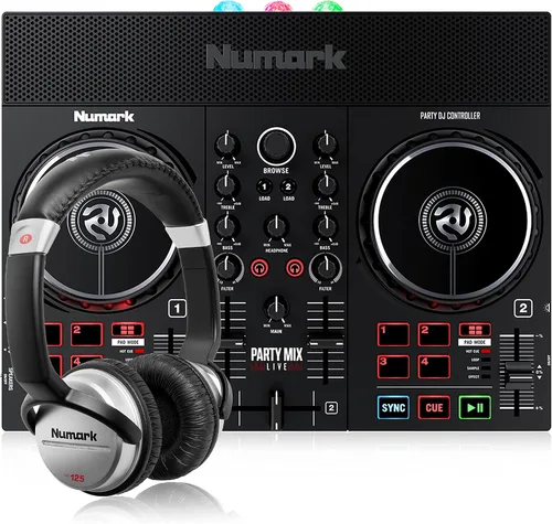 Numark Party Mix Live + HF125 - Controlador de DJ/Set de DJ para adultos y niños con luces de DJ, altavoces de DJ, mezclador de DJ y auriculares