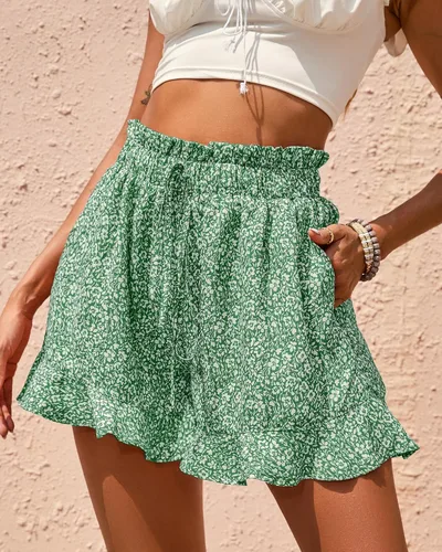 Miniatura 3 de BTFBM Pantalones cortos de verano para mujer, con cinturón floral, casual, elástico, cintura alta, con volantes, para playa, pantalones cortos