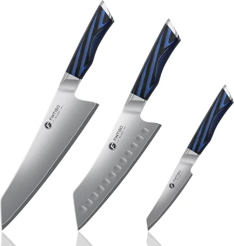 FINTISO Juego de 3 piezas de cuchillos de cocina, juego de cuchillos de chef profesional con mango G10, juego de cuchillos japoneses de acero