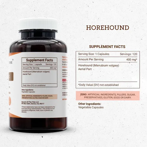 Miniatura 3 de Secrets of the Tribe Horehound 120 Cápsulas, 800 mg, Horehound (Marrubium vulgare) Hierba seca (120 Cápsulas)