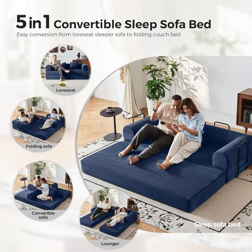 Miniatura 3 de Sofá cama convertible 5 en 1, espuma de alta densidad de 79 pulgadas con asiento de felpa y reposabrazos rectos, cama plegable sin montaje para sala