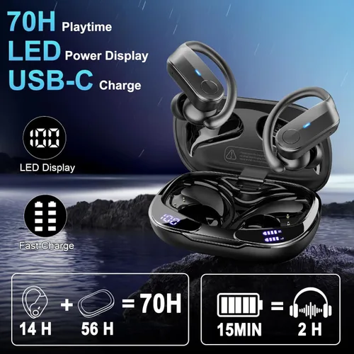 Miniatura 4 de Auriculares inalámbricos, auriculares deportivos Bluetooth 5.4 IPX8 impermeables, 70H con sonido de graves profundos, 4 micrófonos ENC