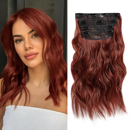 Miniatura 22 de NAYOO 4 piezas Extensiones de cabello con pinza, ondas largas y rizadas, sintéticas, gruesas, con fibra de doble trama, para mujeres, color cobre