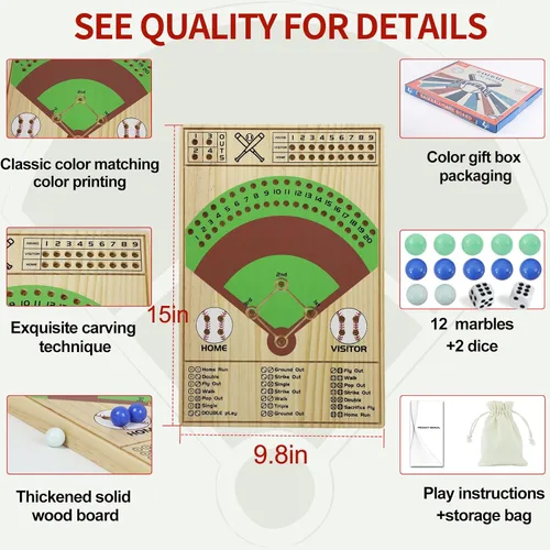 Miniatura 2 de Juego de mesa de dados de béisbol, dados de madera maciza y mármol, divertido juego de mesa de batalla doble para adultos, familia, fiestas