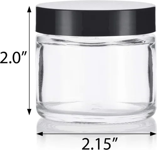 Miniatura 2 de JUVITUS Paquete de 6 tarros de vidrio grueso transparente de 2 onzas / 2.0 fl oz con tapas negras, hermético, a prueba de olores