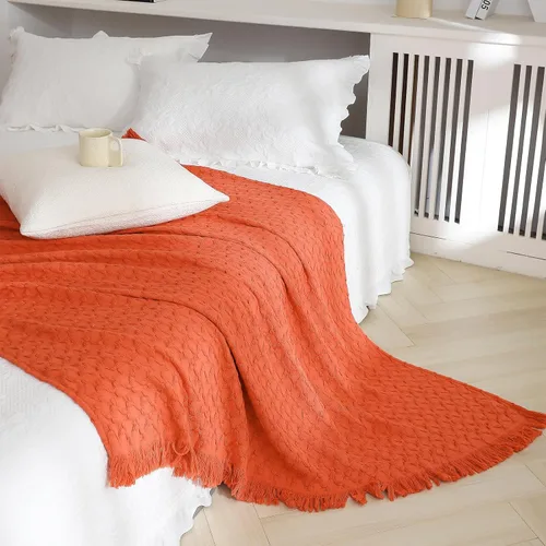 Miniatura 12 de Simple&Opulence Manta 100% algodón para sofá, cama, manta de punto gofre con borlas, suave, ligera, prelavada, transpirable, cómoda, decoración