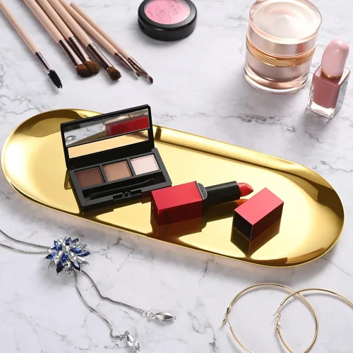 Miniatura 5 de Bandeja de tocador ovalada dorada, bandeja de joyería de acero inoxidable, bandeja de baño, bandejas para cosméticos de maquillaje, bandeja