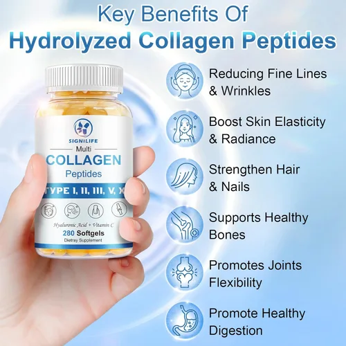 Miniatura 3 de Péptidos de Colágeno Múltiple para Mujeres y Hombres, Péptidos de Colágeno Hidrolizados-Tipo I, II, III, V, X - con Ácido Hialurónico, Vitamina C