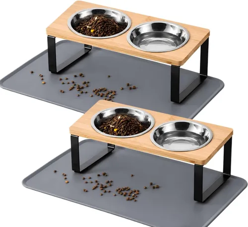 Miniatura 16 de Cuencos elevados mejorados para gatos con alfombrilla para comida, soporte inclinado a 15° anti-vómito, cuencos elevados para gatos para comida