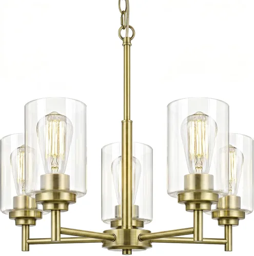 Miniatura 12 de 19.8'' Lámpara de araña de 5 luces de 19.8'' para comedor, isla de cocina, iluminación colgante moderna de granja con pantallas de vidrio, lámpara