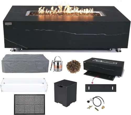 Miniatura 100 de Elementi+ Mesa de Fuego de Gas Colorado de Hormigón Fundido de 56" Rectangular, Hoguera al Aire Libre con Ignición Electrónica Incluye Cubierta