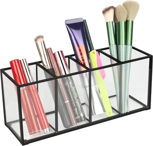 Miniatura 9 de ELEGANTLIFE Organizador de brochas de maquillaje de vidrio transparente, lujoso soporte de almacenamiento de cepillos de cosméticos de vidrio Negro