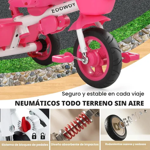 Miniatura 6 de EOOWOY Triciclo para niños pequeños con mango de empuje, triciclo cochecito 7 en 1 con asiento giratorio de 360°, respaldo reclinable, ruedas