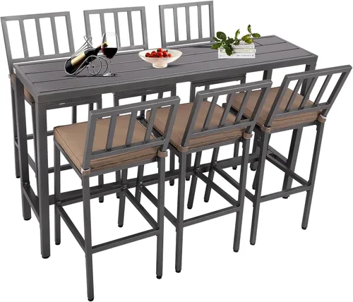 Miniatura 11 de Sillas y mesa de bar para exteriores, juego de bar de metal para exteriores, juego de mesa de bar de 3 piezas con taburetes de bar y cojines