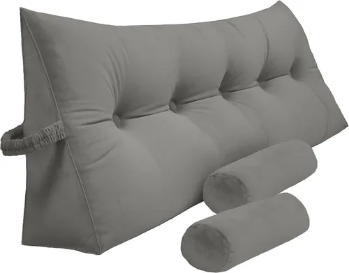Peachwell Almohada triangular de lectura para descanso en cama, cojín cilíndrico grande para cabecero, respaldo en cuña con dos almohadas Gris