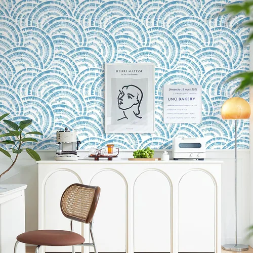 Miniatura 2 de Toduso Papel tapiz geométrico de 17.3 x 196.8 pulgadas, papel tapiz para despegar y pegar, papel de pared de círculo azul blanco y azul, papel