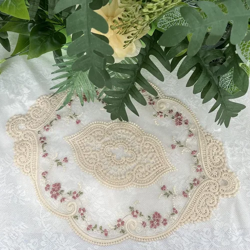 Miniatura 3 de Paquete de 2 manteles individuales ovalados vintage de encaje, exquisitos manteles individuales bordados de flores, 12 x 18 pulgadas (beige)