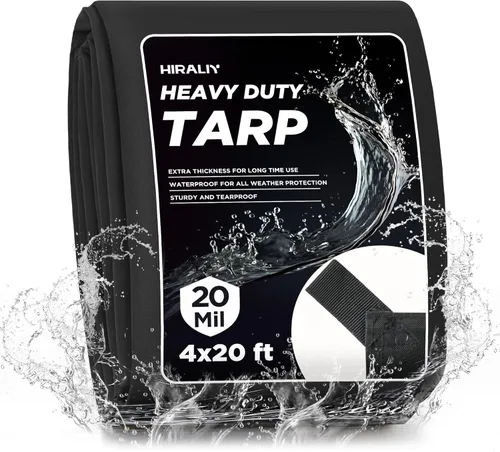 Miniatura 26 de HIRALIY Lona impermeable resistente de 20 mil, lona negra de 7 x 9.5 pies con bucles de cincha reforzados, lona de tela Oxford multiusos para leña