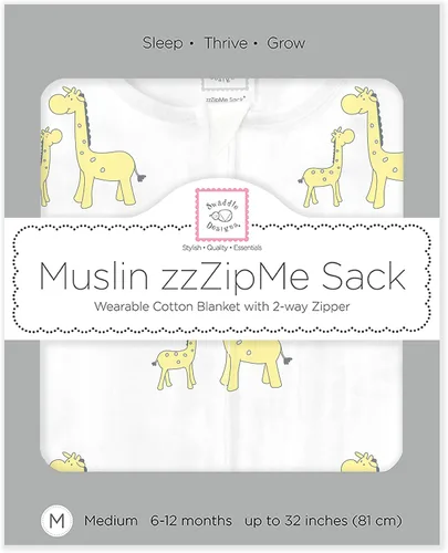 Miniatura 6 de SwaddleDesigns Saco de dormir de muselina zzZipMe para bebé niño y niña, manta portátil con cremallera de 2 vías Jirafas amarillas