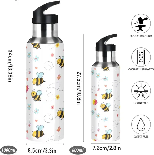 Miniatura 2 de BPA-Free Sports Water Bottle 20 Oz, Stainless Steel Vacuum Insulated Water Bottle for Gym Outdoor Travel School, Cute Cartoon Bees Floral White