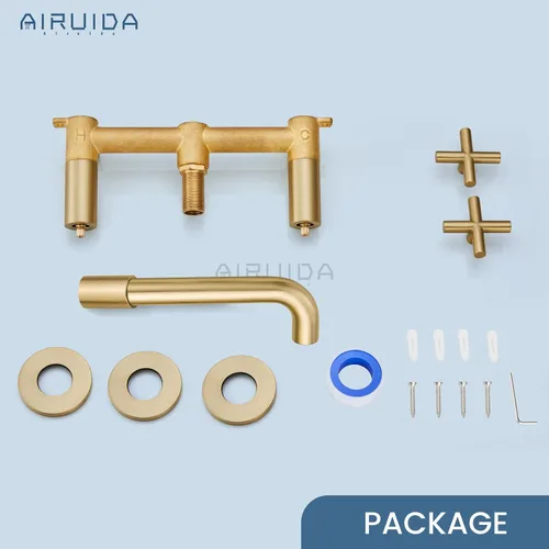 Miniatura 9 de Airuida Grifo de baño de latón macizo con boquilla giratoria 360 para lavabo montado en la pared, grifo mezclador de lavabo con válvula áspera y Oro