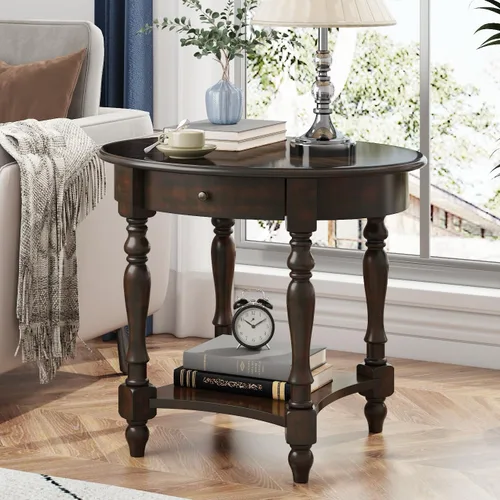 Miniatura 11 de Mesa auxiliar ovalada con cajón, estante de almacenamiento lateral de madera maciza para sofá, mesa de esquina tradicional para sala de estar