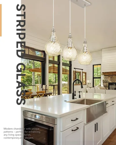 Miniatura 4 de TENGXIN Lámpara colgante de 3 luces para islas de cocina, níquel cepillado de 6 pulgadas con vidrio a rayas, estilo granja, ideal para comedores