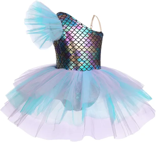 Miniatura 6 de IBAKOM Leotardo de ballet para niñas, disfraz de bailarina de Halloween, un hombro, vestido de baile de sirena y cavegirla, camisola, leotardo