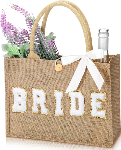 Silkfly Bolsa de mano de novia de boda, regalo de despedida de soltera, bolsa de yute de playa con cinta para regalos de despedida de soltera