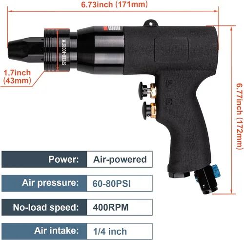 Miniatura 3 de Clatoon Pistola neumática de tuerca remachadora con cabeza autoblocante de 10-24, 1/4, 5/16 y 3/8, pistola de remache de aire de velocidad