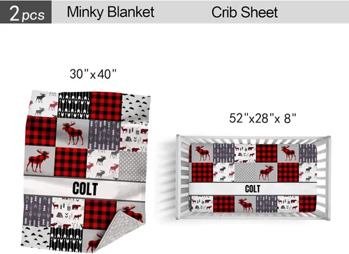 Miniatura 4 de Juego de cama personalizado para cuna para bebé, juego personalizado para niño con nombre, ropa de cama de guardería a cuadros rojos de ciervo