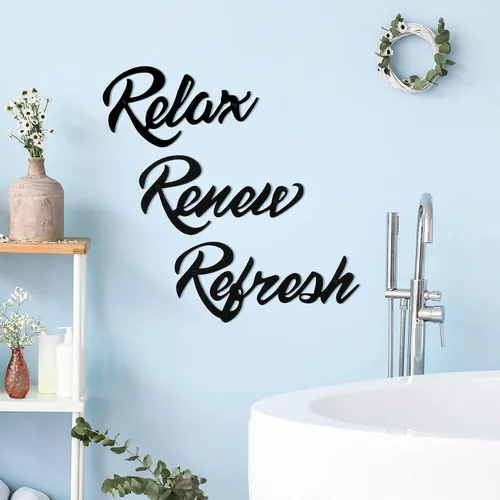 Miniatura 2 de Hotop Letrero de metal para pared de baño de granja, 3 piezas, decoración de pared de metal, decoración de pared de baño de metal negro