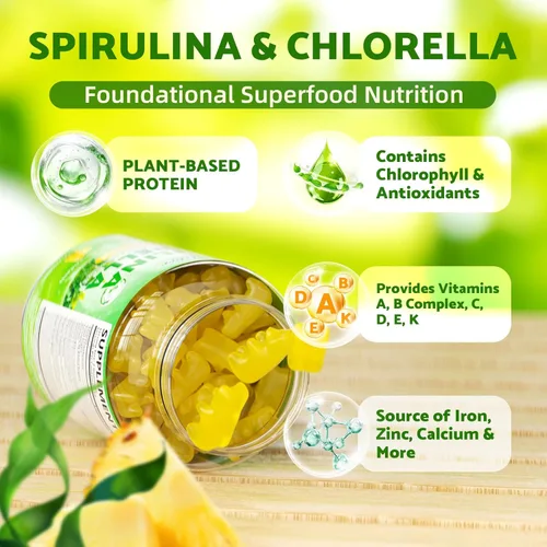 Miniatura 5 de Gomitas orgánicas de Spirulina Chlorella, mezcla de súper verduras con proteínas, clorofila, vitamina C, D3, B12, zinc, apoyan la energía diaria