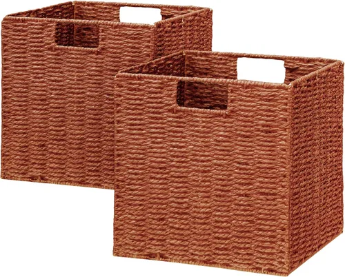 Miniatura 10 de VAGUSICC - Canastas de almacenamiento tejidas a mano, juego de 2, con asas, plegables, tipo cubo, de 13 pulgadas, grandes, de mimbre, para estantes