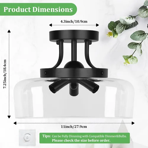 Miniatura 4 de Lámpara de techo industrial moderna semiempotrada con pantalla de vidrio transparente, lámpara de techo negra de 3 bombillas para cocina