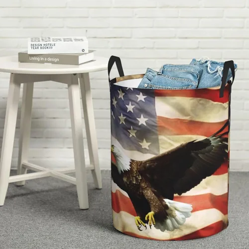 Miniatura 8 de Cesta circular con estampado de bandera estadounidense con águila moscada, impermeable, cesta organizadora de lavandería, con asas, para ropa
