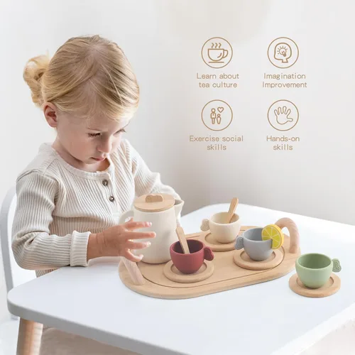 Miniatura 5 de Juego de Fiesta de Té para Niños, Juego de Té de Madera para Niñas y Niños, Accesorios de Cocina de Juguete para Niños, Juego de Té para Niños